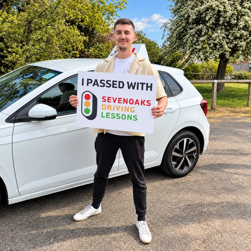 Freddie beside Penny, Geoff's car, after passing his driving test in Sevenoaks