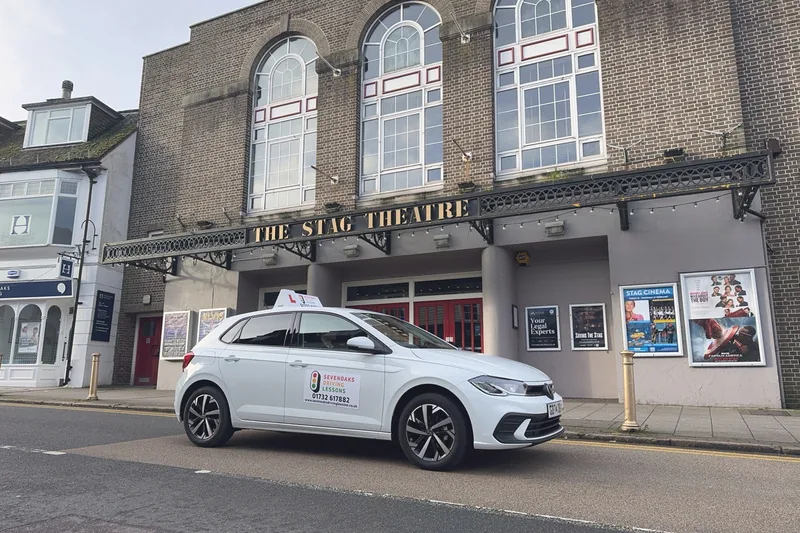 Penny, Geoff's VW Polo manual, outside the Stag Theatre in Sevenoaks